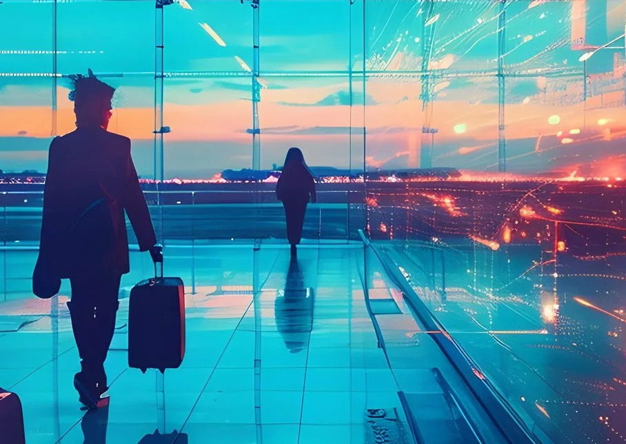 Traveler with luggage in an airport terminal at sunset