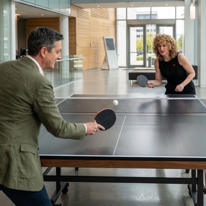 Team playing ping pong in a bright office atrium